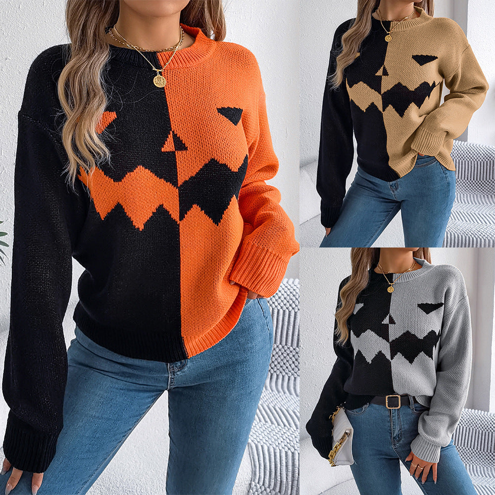 Women’s Spooky Pumpkin Contrast Long-Sleeve Pullover Sweater