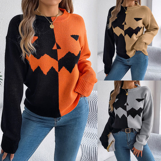 Women’s Spooky Pumpkin Contrast Long-Sleeve Pullover Sweater