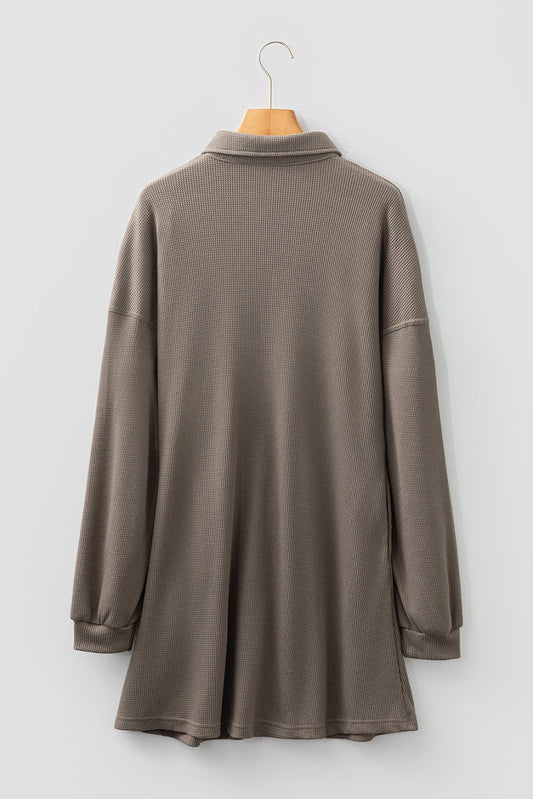Waffle Knit Pleated Drop Shoulder Shirt Dress