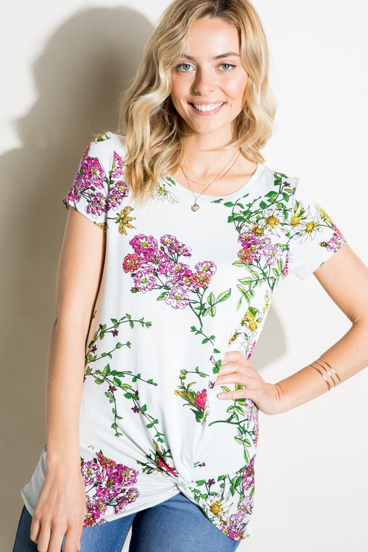 FLORAL JERSEY FRONT TWIST TUNIC TOP