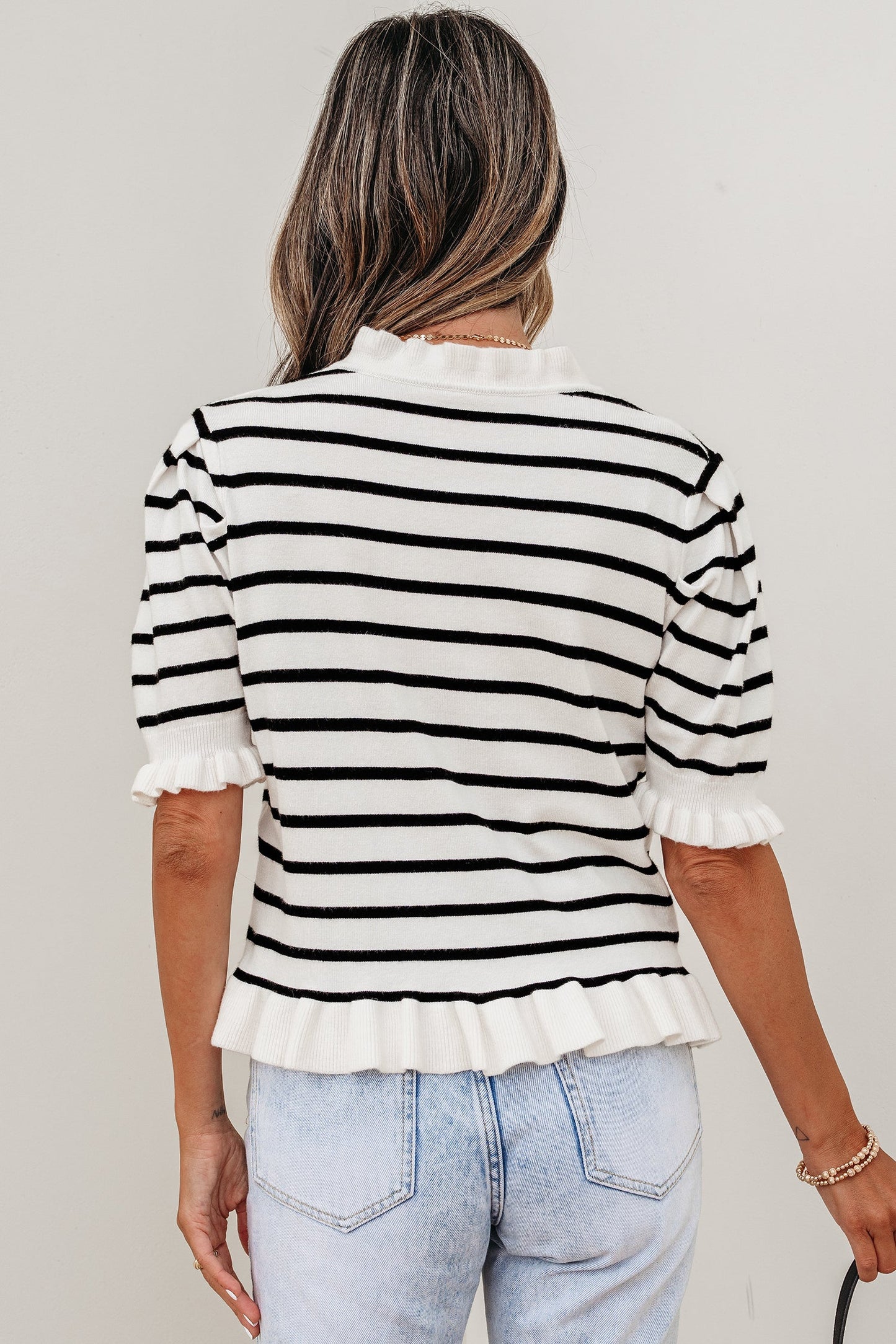 Stripe Ruffle Knit Short Sleeve Buttoned Cardigan