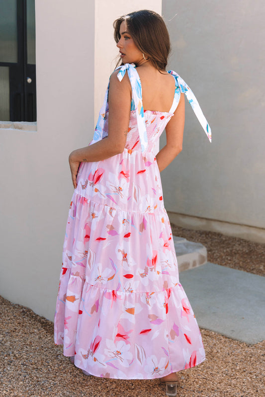 Flora Floral Knotted Shoulder Smocked Maxi Dress