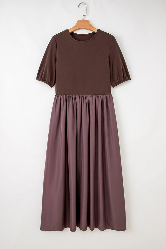 Patchwork Knit Short Sleeve Pleated Maxi Dress
