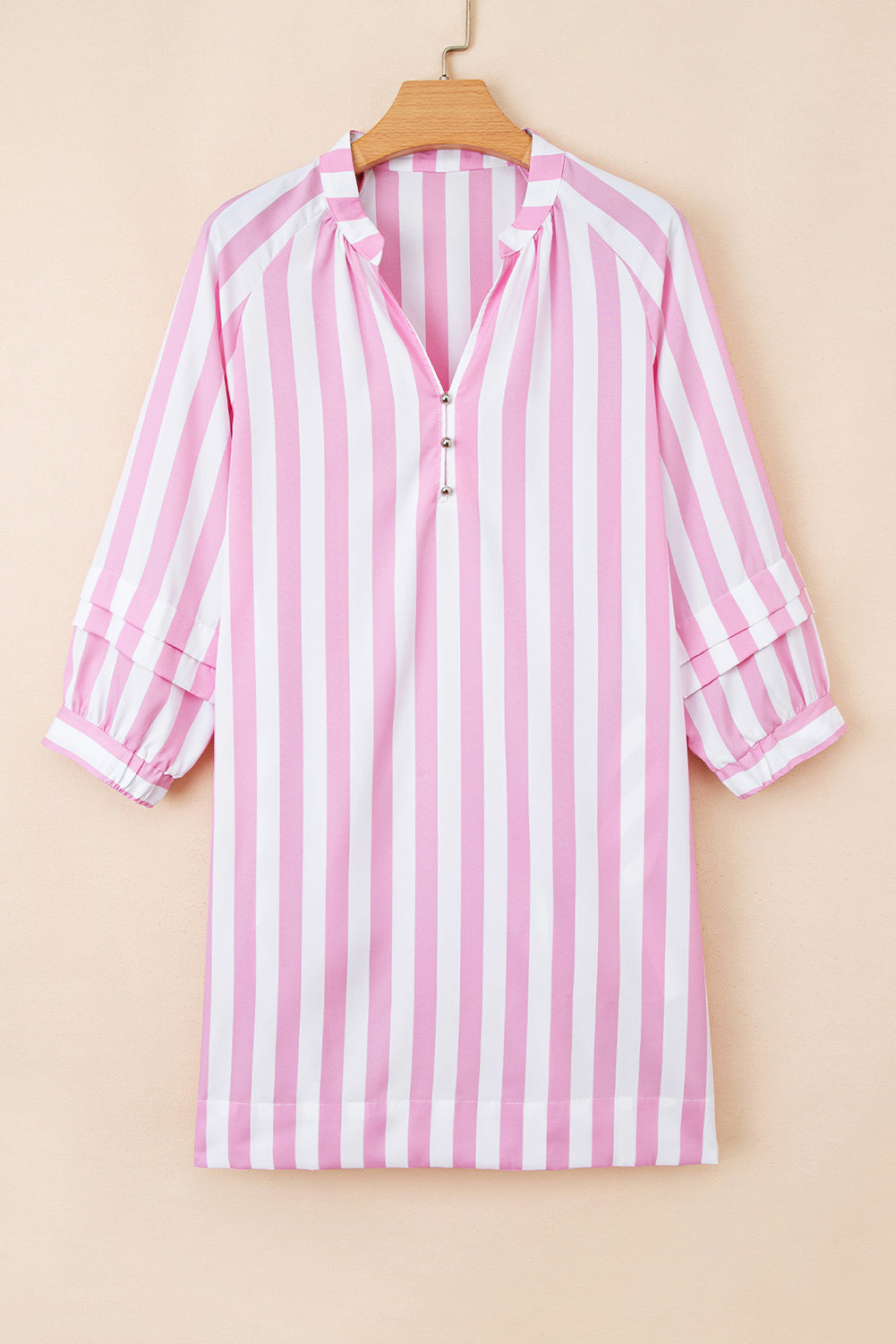 Stripe 3/4 Sleeve Buttoned V-Neck Mini Dress