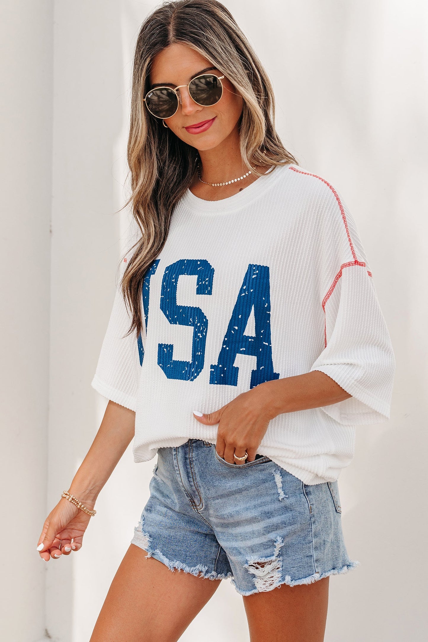 USA Corded Knit Short Sleeve Graphic Top