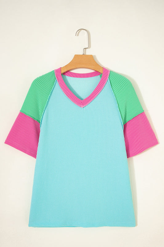 Colorblock Corded Knit Raglan Short Sleeve Tee
