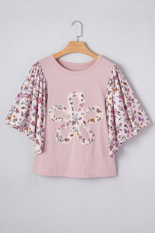 Floral Contrast Patchwork Flowy 3/4 Sleeve Blouse
