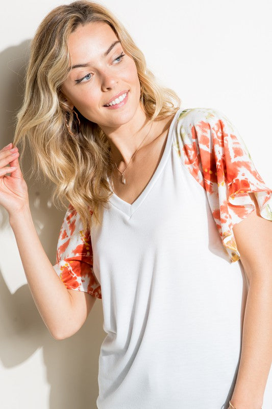 V NECK SHORT FLAIR SLEEVE TOP