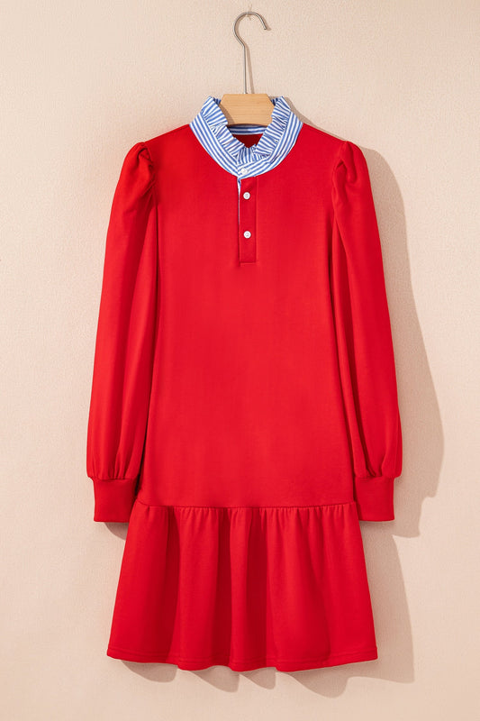 Stripe Contrast Collar Puff Sleeve Ruffle Mini Dress
