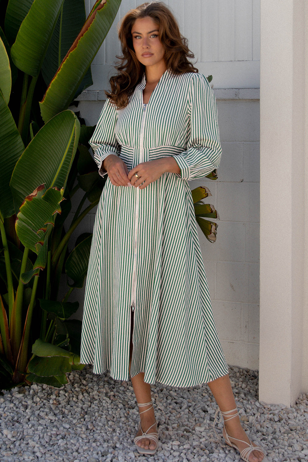 Stripe V-Neck Zip Front Midi Dress