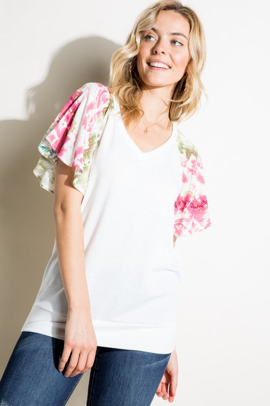 V NECK SHORT FLAIR SLEEVE TOP