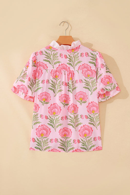 Floral Ruffle Stripe Trim Puff Sleeve Shirt