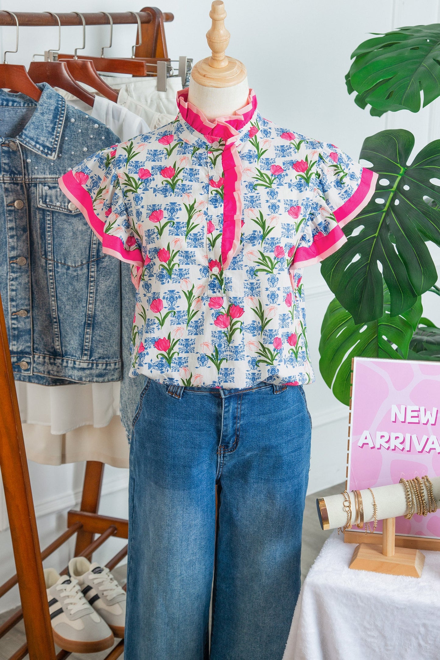 Floral Colorblock Flutter Sleeve Half Button Blouse