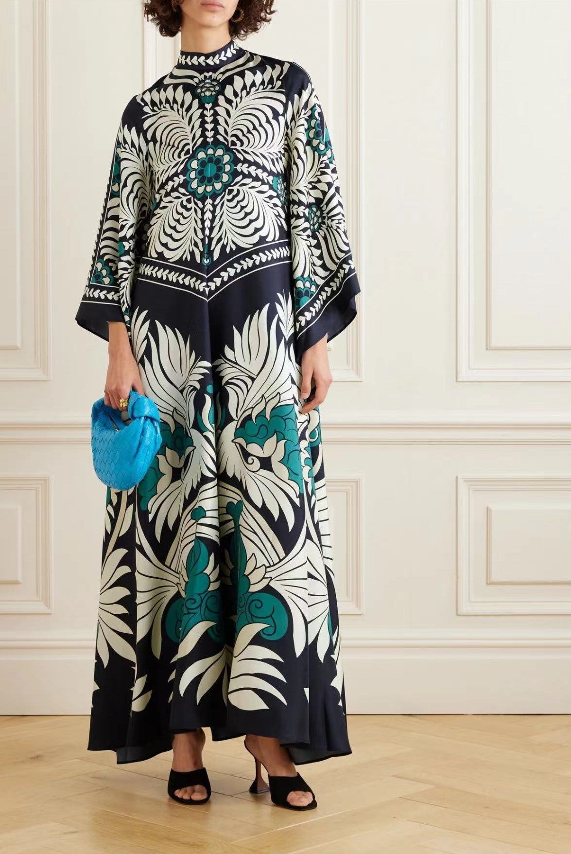 Women's Printed Maxi Dress – Stand Collar Flared Sleeve A-Line Gown