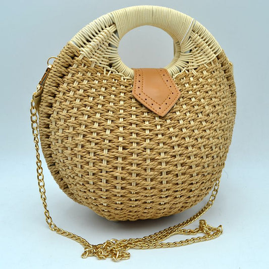 Round Woven Straw Handbag with Rattan Cutout Handle