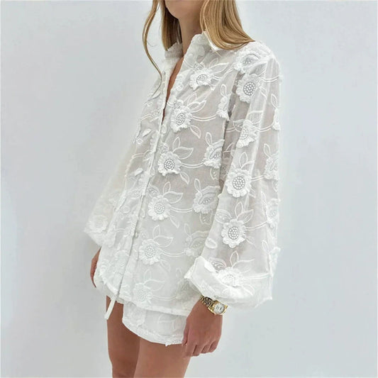 Embroidered Cotton Shirt & Shorts Two-Piece Set
