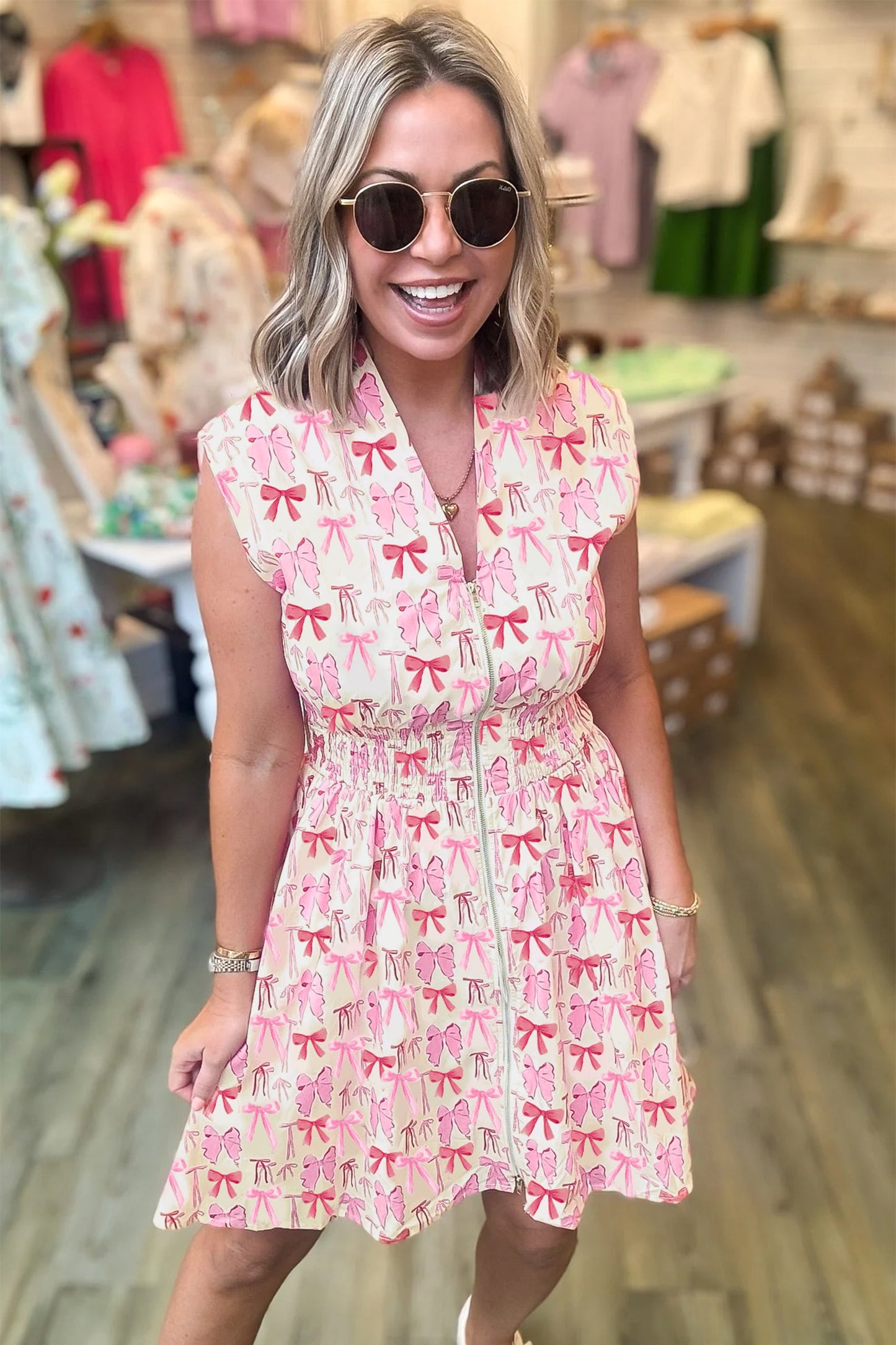 Bow Zip Up Cinched Waist Mini Dress