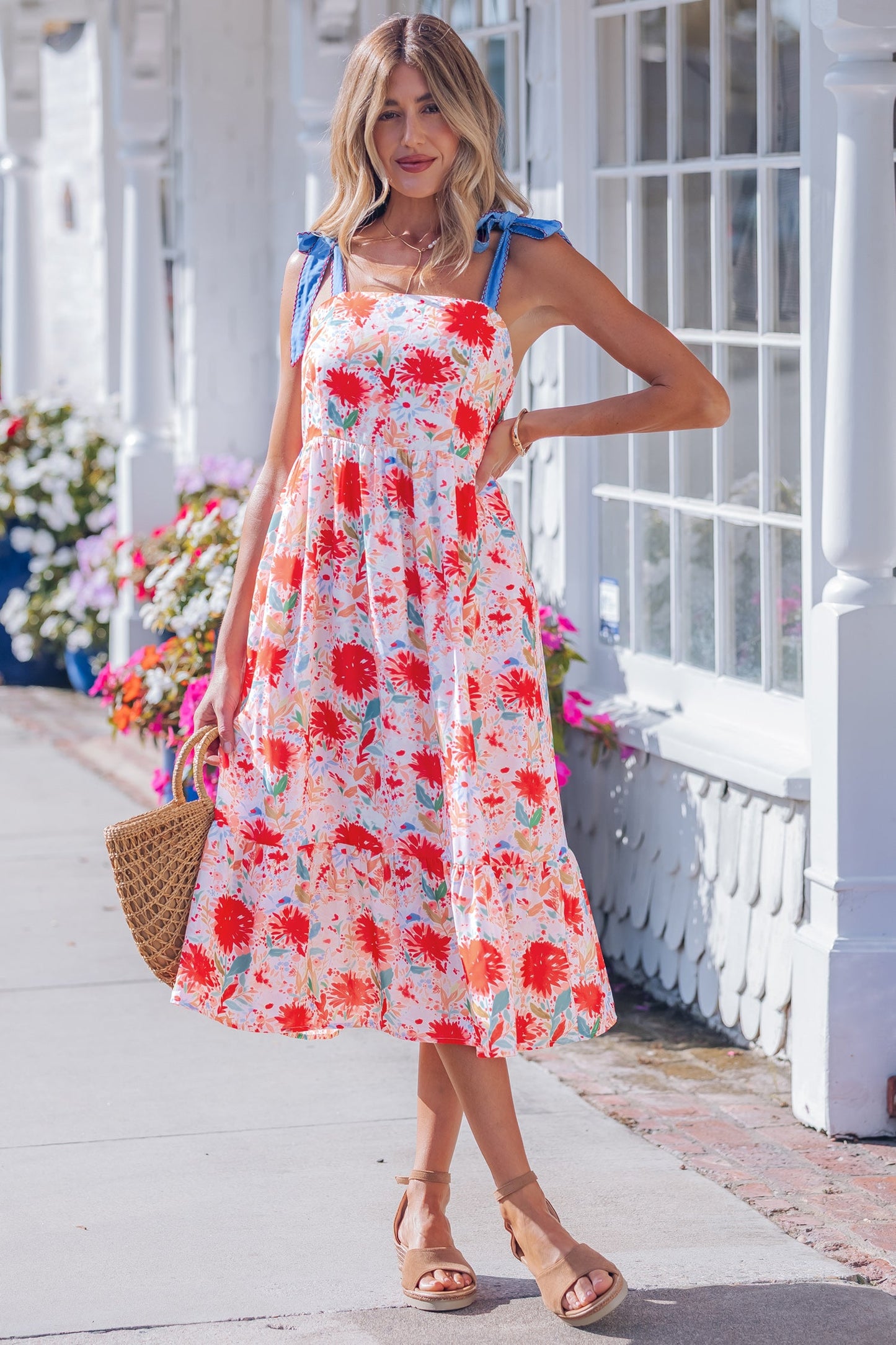 Floral Denim Tie Strap High Waist Maxi Dress