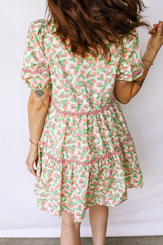 Floral Ricrac Trim Contrast V-Neck Puff Sleeve Dress