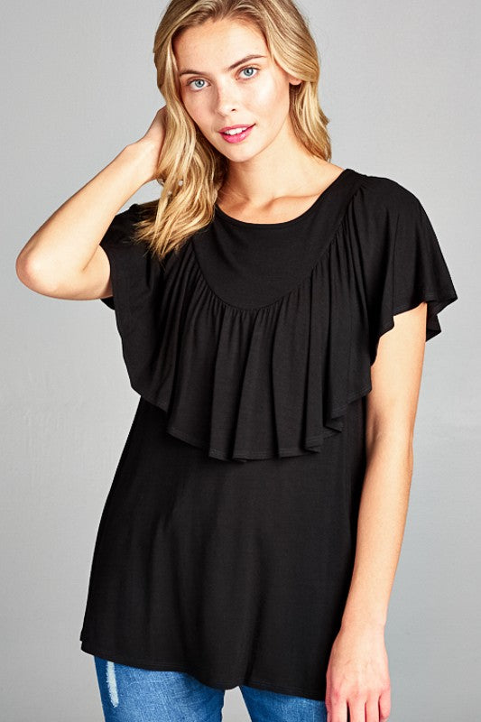 SOLID RUFFLE DETAIL CASUAL TOP