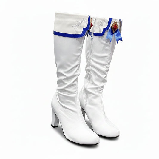 Women's White Knee-High Block Heel Boots – Slouch Shaft & Jewel Trim