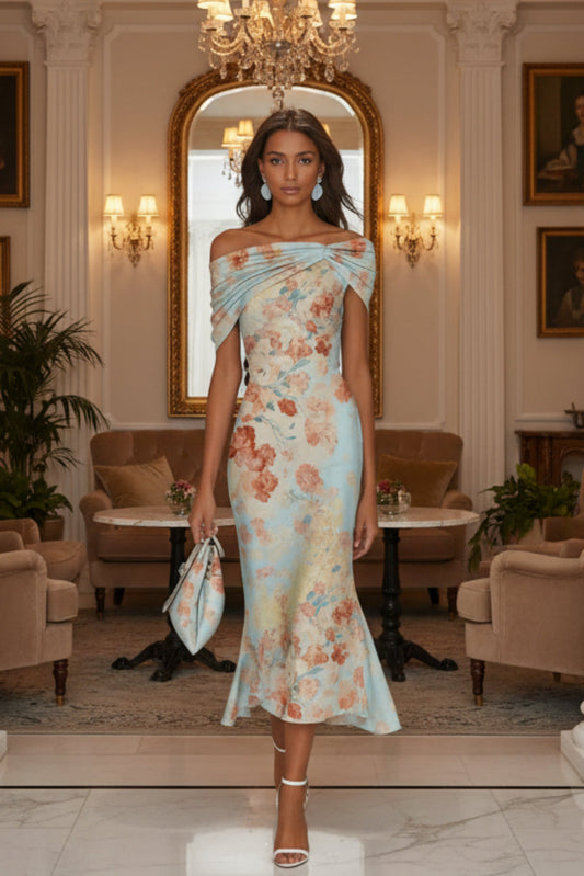 Women's Digital Print One-Shoulder Long Sleeve Floral Maxi Dress – Blue Floral