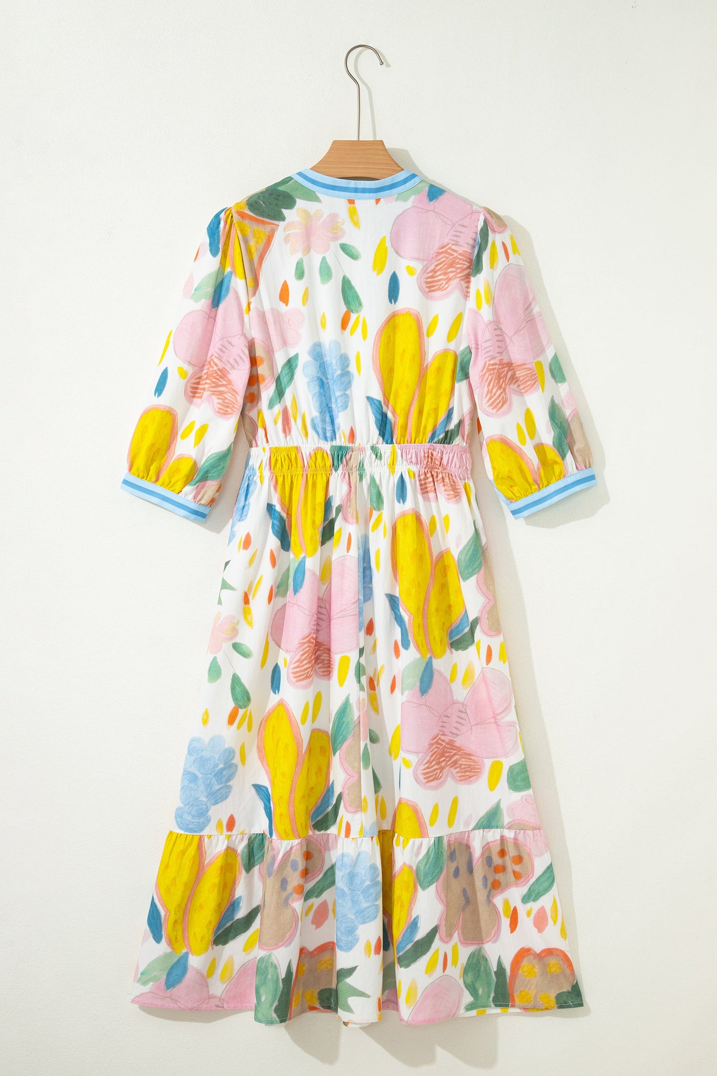 Floral Stripe Trim V-Neck Midi Dress