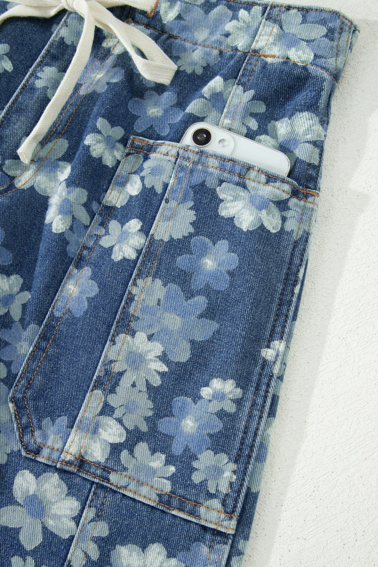 Floral Denim Drawstring Barrel Leg Jeans