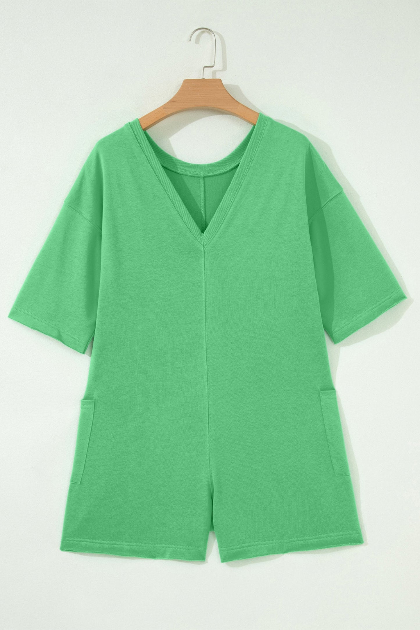 Solid Raw Edge 3/4 Sleeve Pocketed Loose Romper