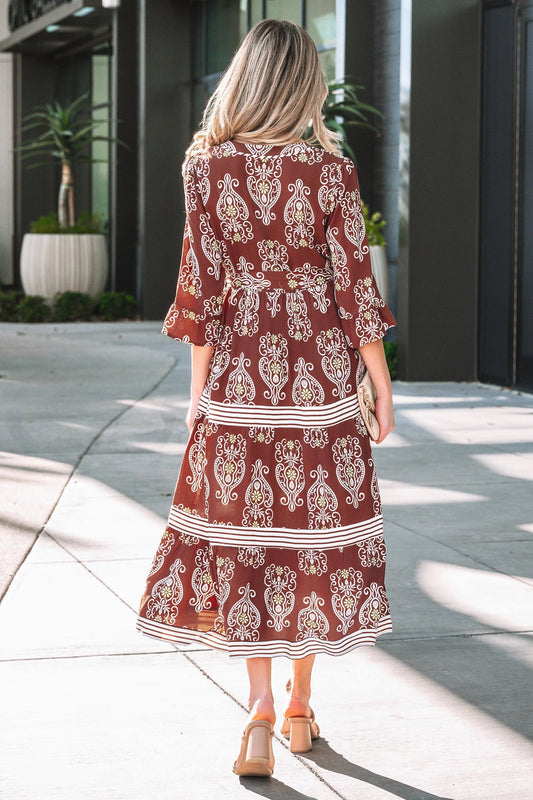Floral Boho Belted Stripe Trim Tiered Maxi Dress