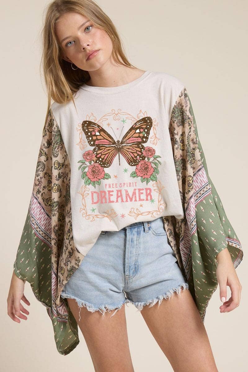 Butterfly Dreamer Vintage Graphic Sheer Kaftan Top