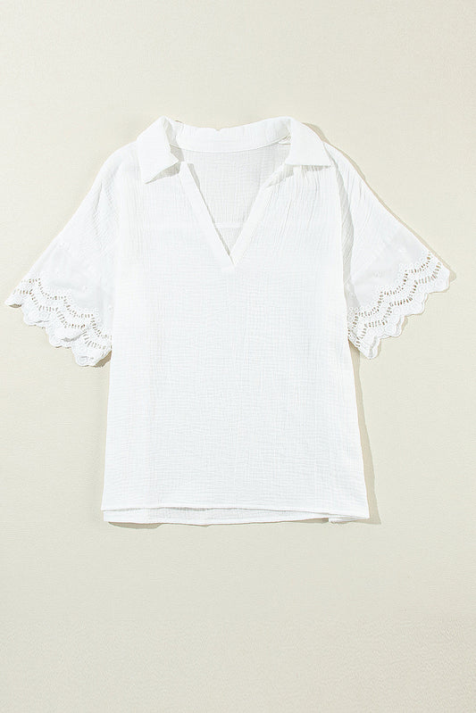 Embroidered Eyelet Crinkled Gauze Collared V-Neck Blouse
