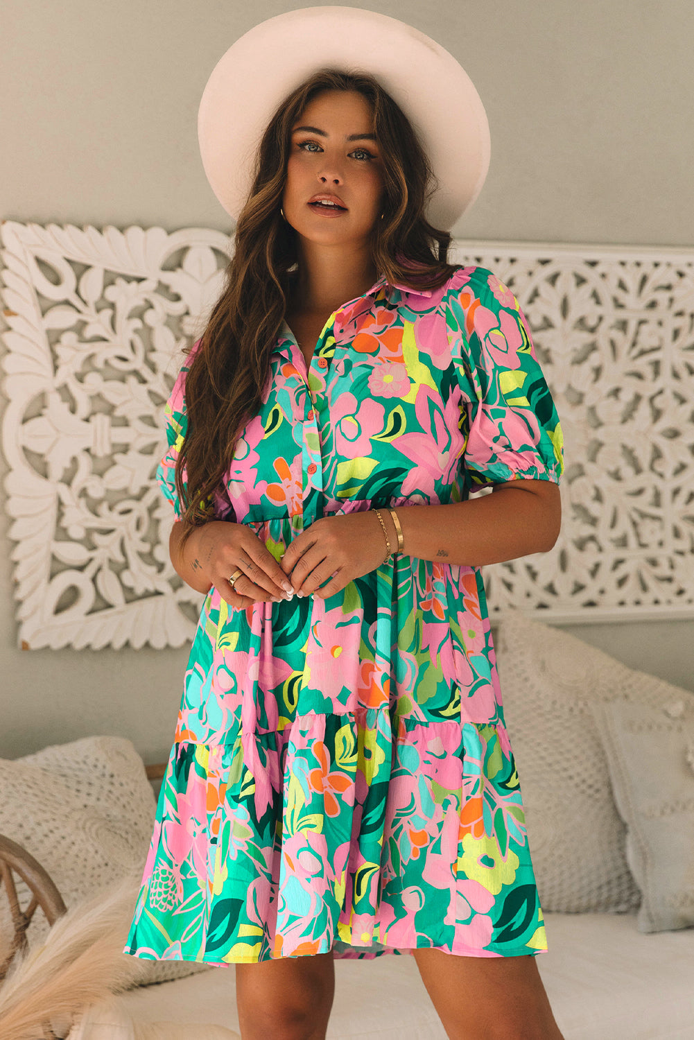 Floral Puff Sleeve Buttoned Collar Babydoll Dress