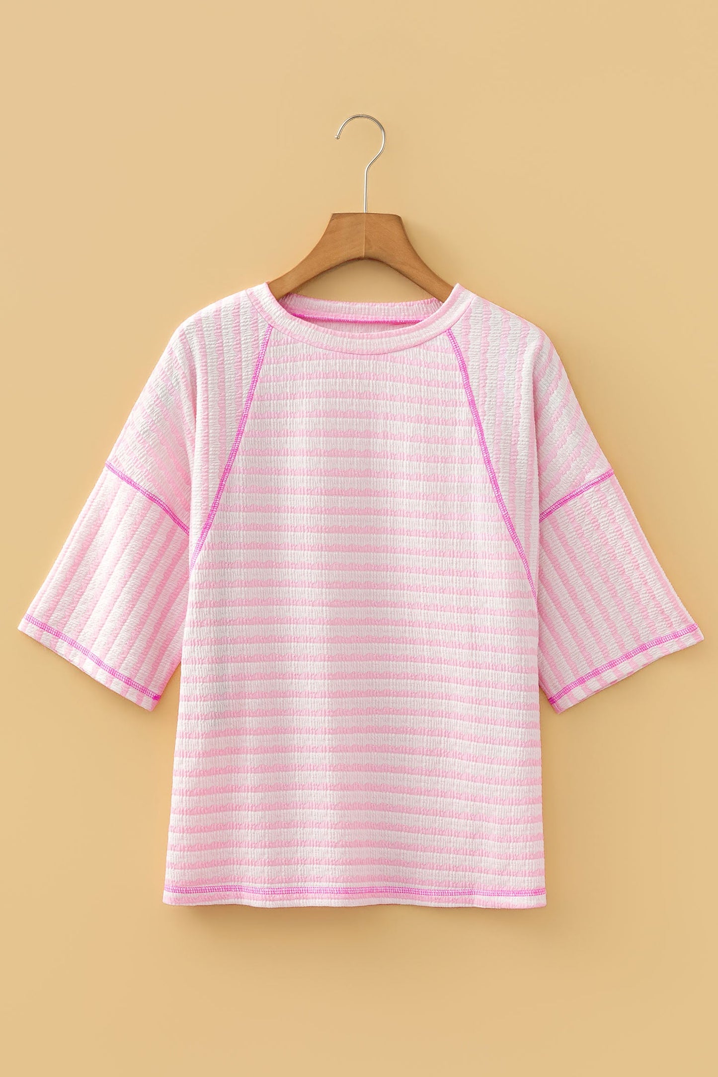 Noelle Textured Knit Split Hem Half Sleeve Loose Top - Pink