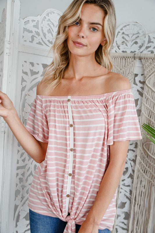 STRIPE OFF SHOULDER BUTTON DOWN TOP