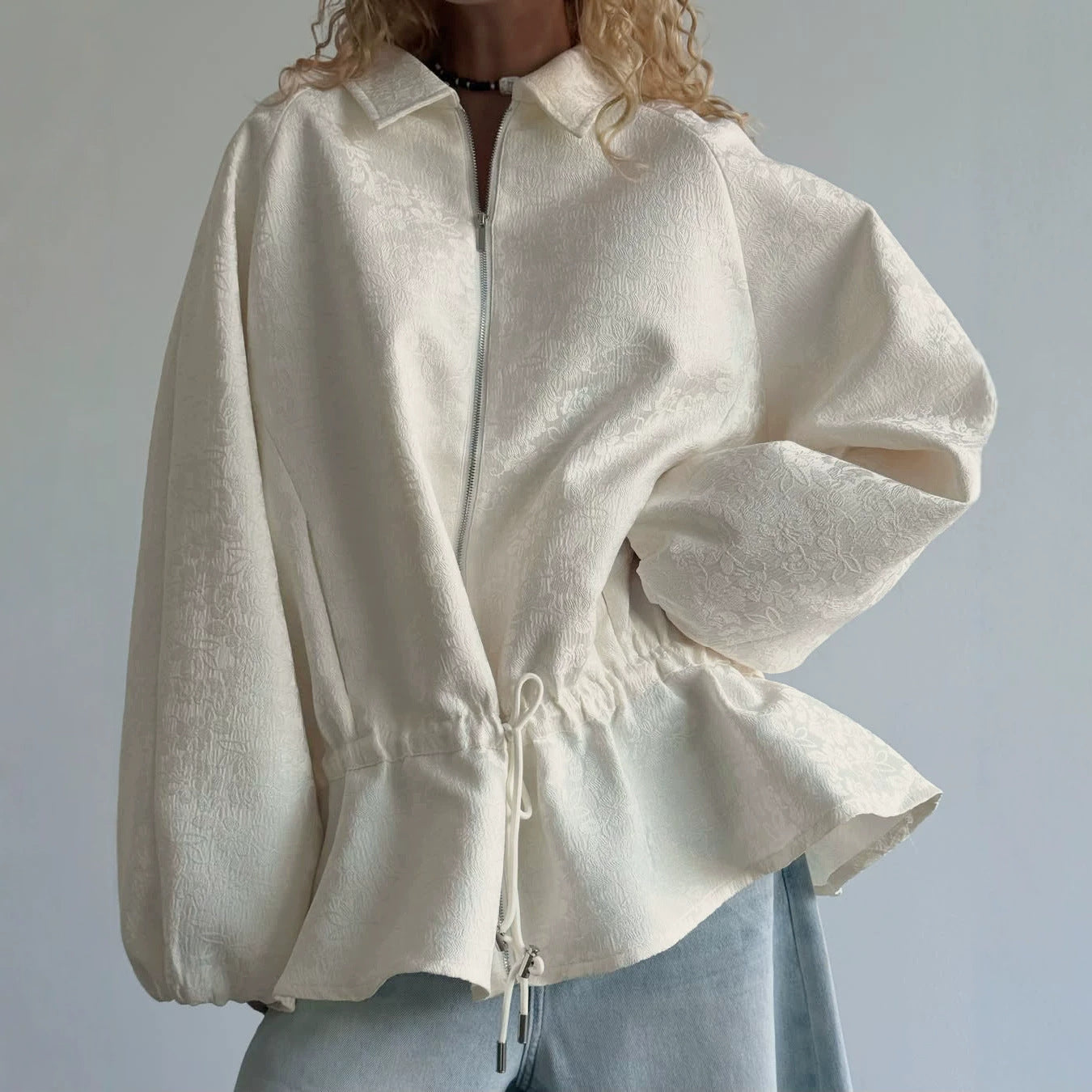 Long Sleeve Zip-Up Cropped Jacket with Turn-Down Collar