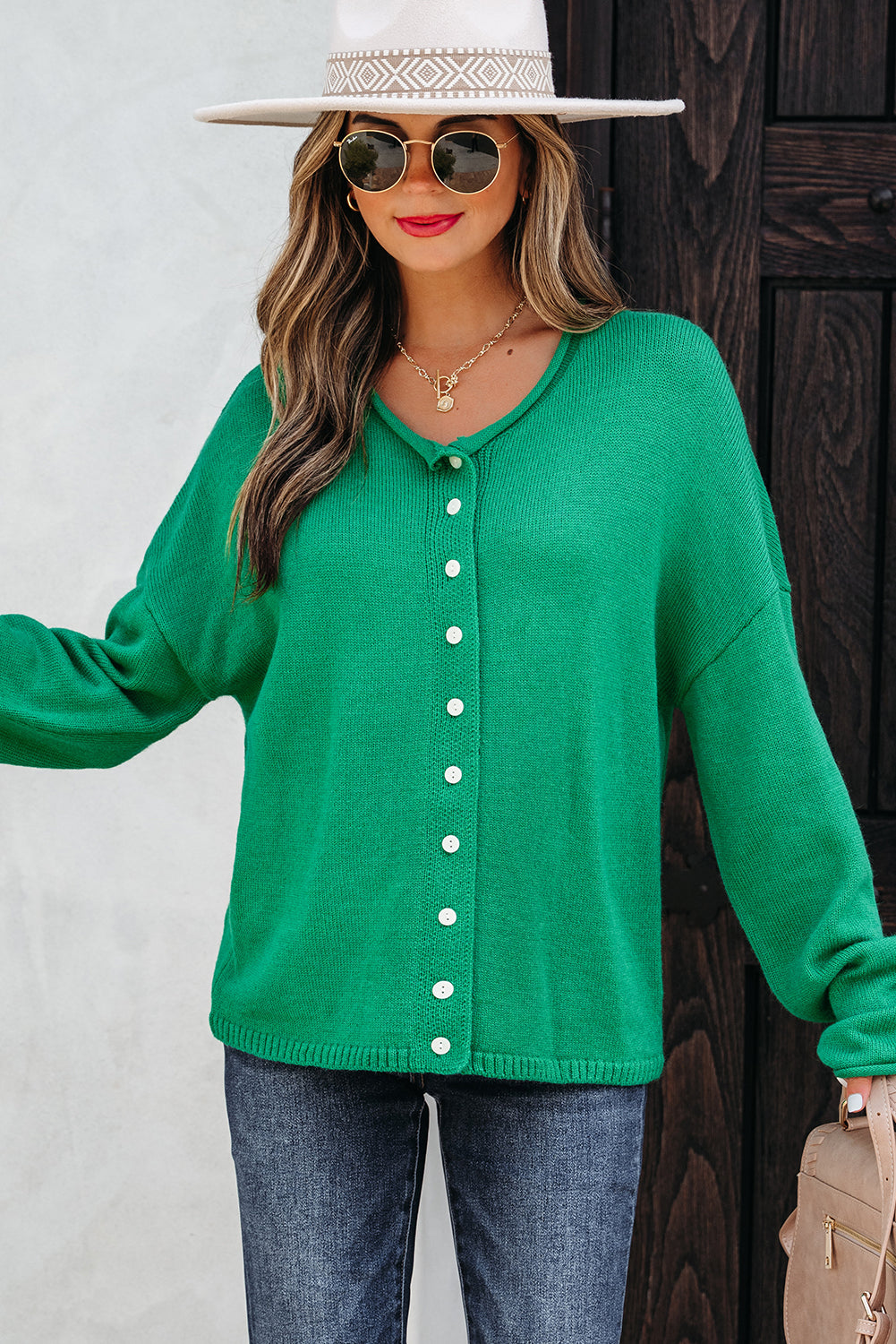 Solid Knit Button-Up Drop Shoulder Sweater Cardigan