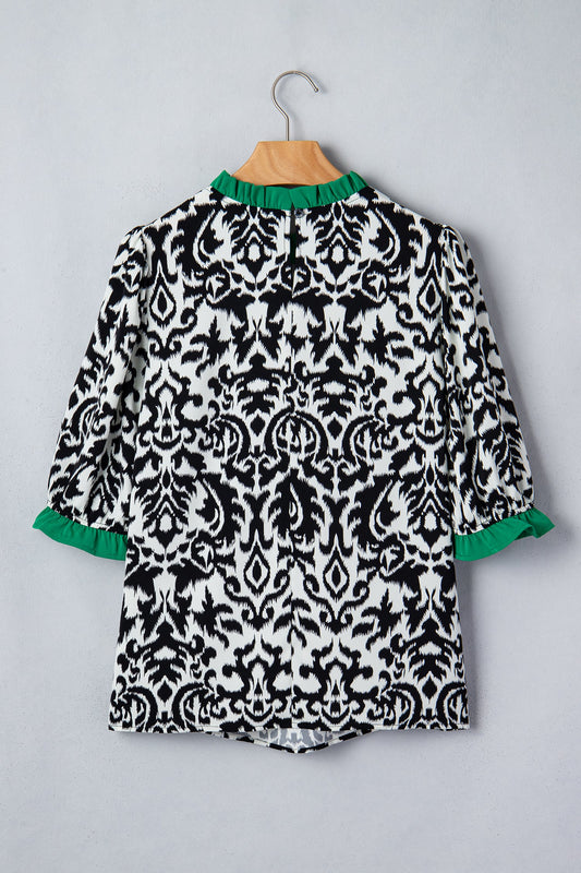 Abstract Damask Colorblock Ruffle 3/4 Sleeve Blouse
