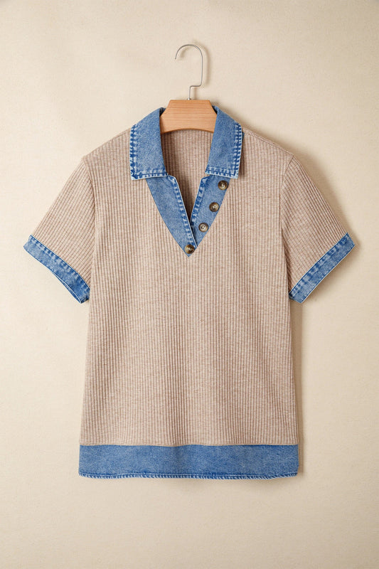 Denim Patchwork Ribbed Knit Collared Blouse