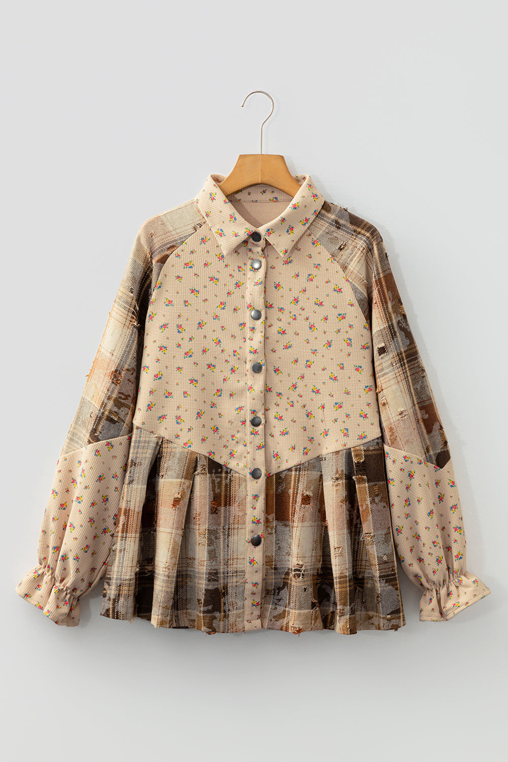 Floral Plaid Patchwork Ruffle Waffle Knit Shacket