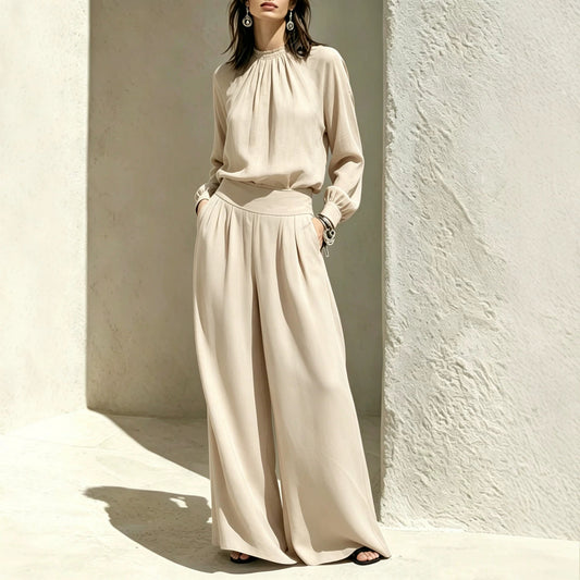 Women's Stand-Up Collar Puff Sleeve Blouse & Wide-Leg Pants Set