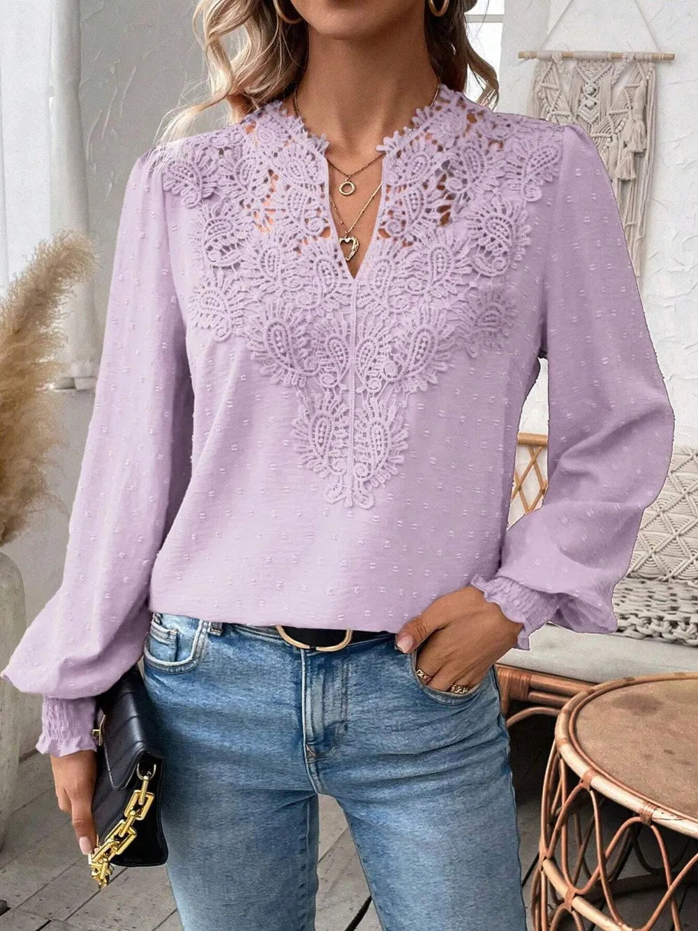 Swiss Dot Lace Detail Notched Long Sleeve Blouse – Feminine Style