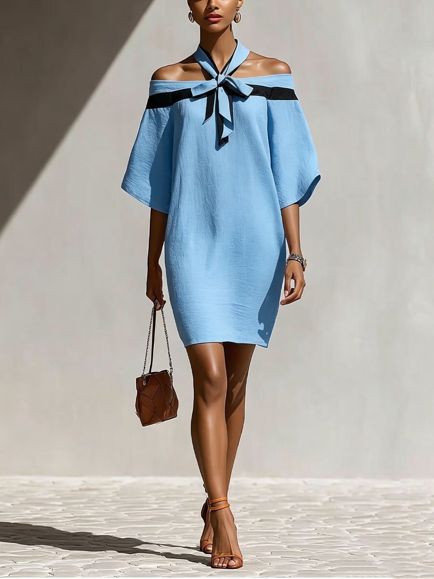 One Shoulder Bow Collar A-Line Dress – Short Sleeve Mini