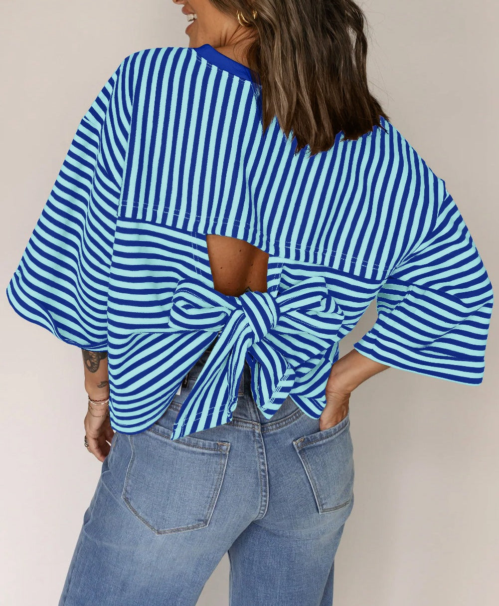 Women's Striped Back Tie-Bow Pullover Top – Round Neck 3/4 Sleeve