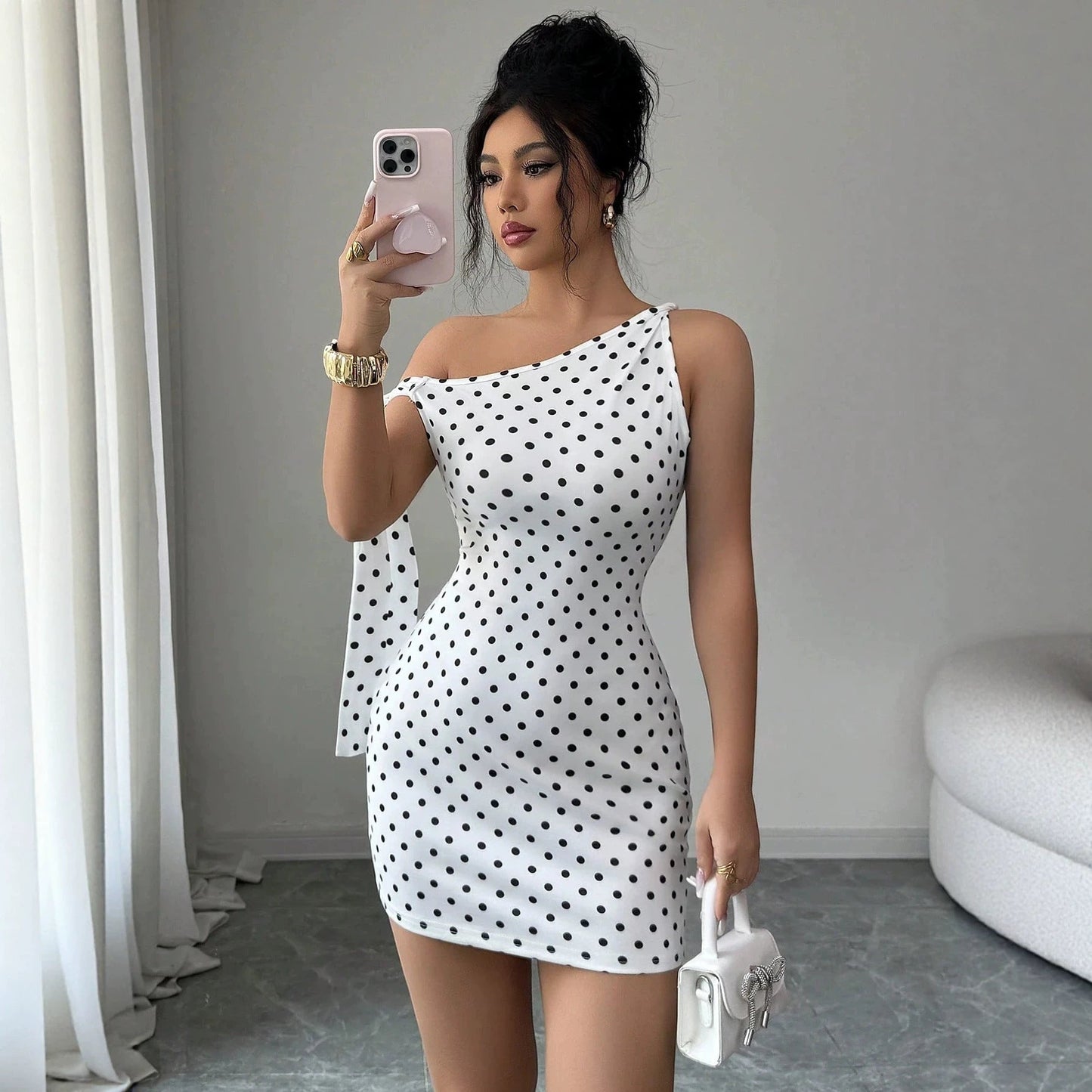 Polka Dot Off-Shoulder Strap Mini Dress – Slim Fit High Waist Bodycon
