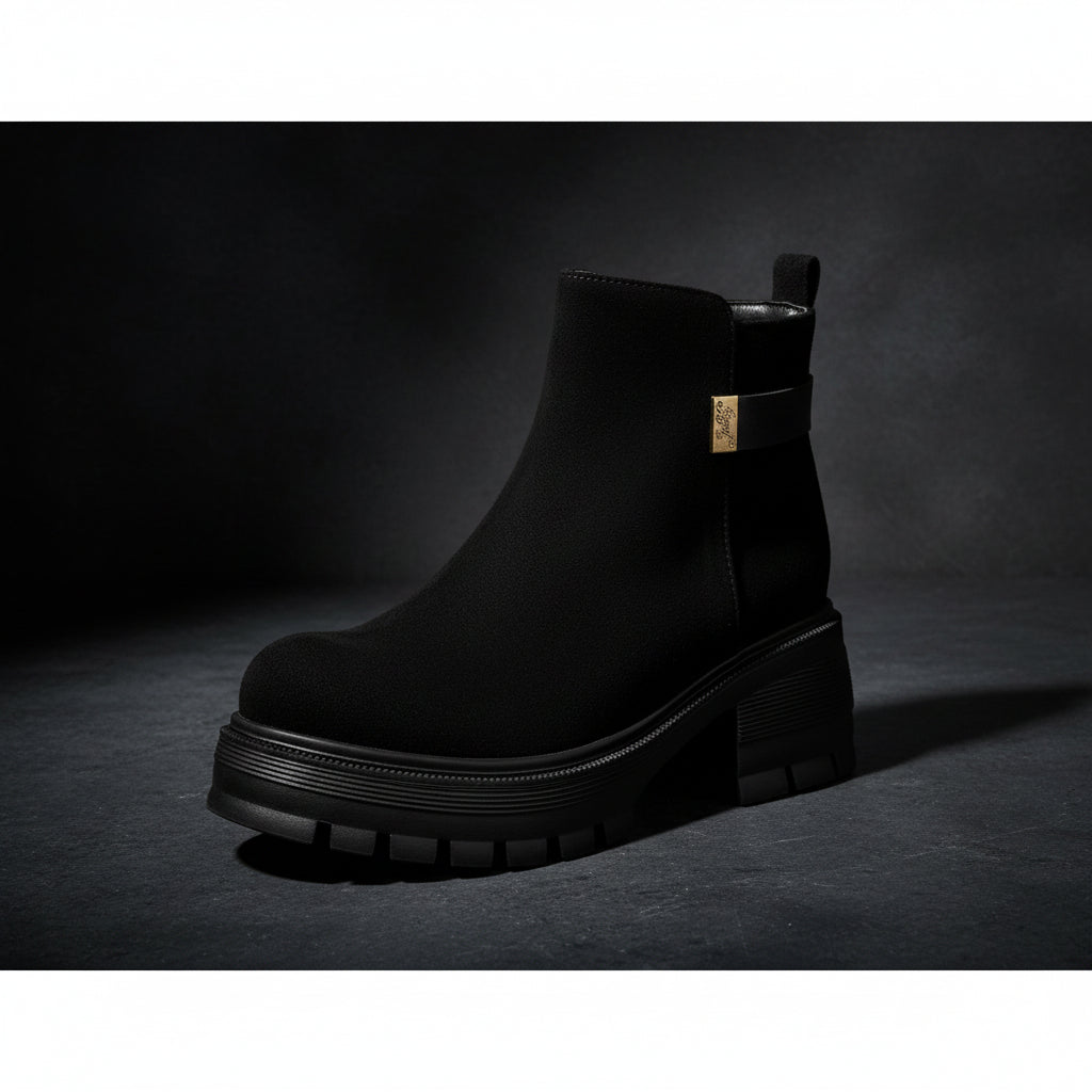 Women's Chunky Platform Ankle Boots – Block Heel Faux Suede & PU Side Zip