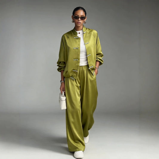 Women's Satin Two-Piece Set β Frog Button Jacket & Wide Leg Pants
