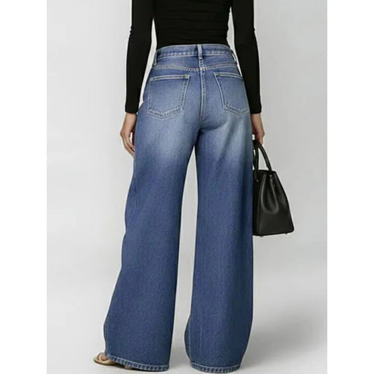 Women's Metal Eyelet High Waist Loose Wide-Leg Jeans – Light Blue, Black, Dark Blue
