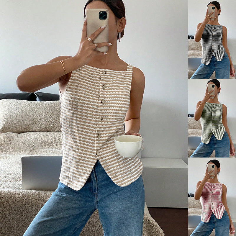 Women's Striped Button-Front Sleeveless Camisole Top – Square Neck Tank