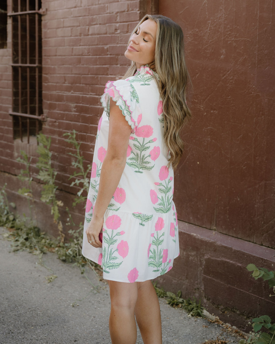 Everrett Scalloped Embroidery Trim V Neck Drop Waist Mini Dress